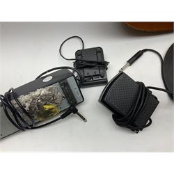 Spanish BM acoustic guitar with mahogany back and sides and spruce top L101cm; in cello carrying case; Roland foot pedal and two Yamaha foot pedals; tin D# organ pipe; folding music stand etc