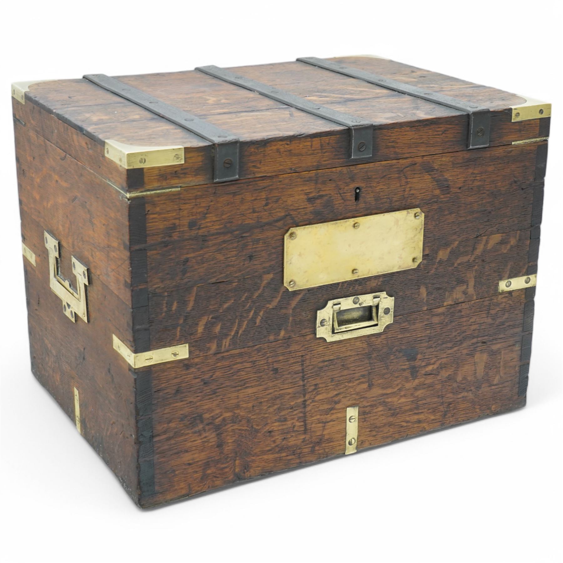 19th century oak and metal bound box, hinged lid enclosing vacant interior, bound with wrought metal straps and fitted with brass corner caps, two heavy weight brass carrying handles 