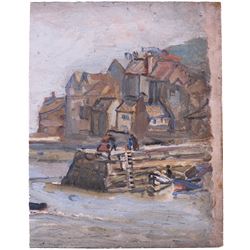 Florence Adelina Hess (Staithes Group 1891-1974): Unloading Boats on Tate Hill Pier Whitby, oil on panel unsigned 23cm x 18cm 
Provenance: from the collection of Doris Bilbrough (née Sykes), cook to the Hess household in the 1930s, thence by descent through the family.