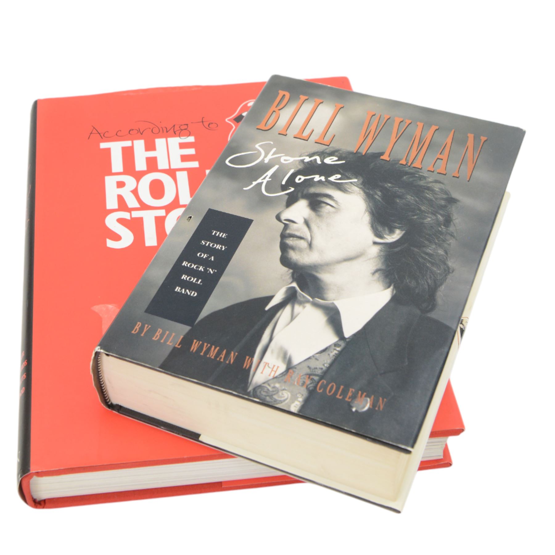 Collection of Rolling Stones books, including Stoned, Life Keith Richard Autobiography, Bill Wyman Stone Alone, with signature and two Bill Wyman signed photographs  