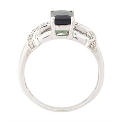 18ct white gold green tourmaline and diamond ring, single radiant cut tourmaline of approx 1.00 carat, with crossover pierced design shoulders set with single cut diamonds, hallmarked
