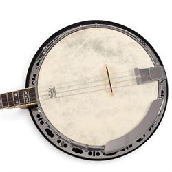 Barnes & Mullins Troubadour four string banjo, with Remo head and mother of pearl inlay to fretboard, in cardboard box, banjo L80cm