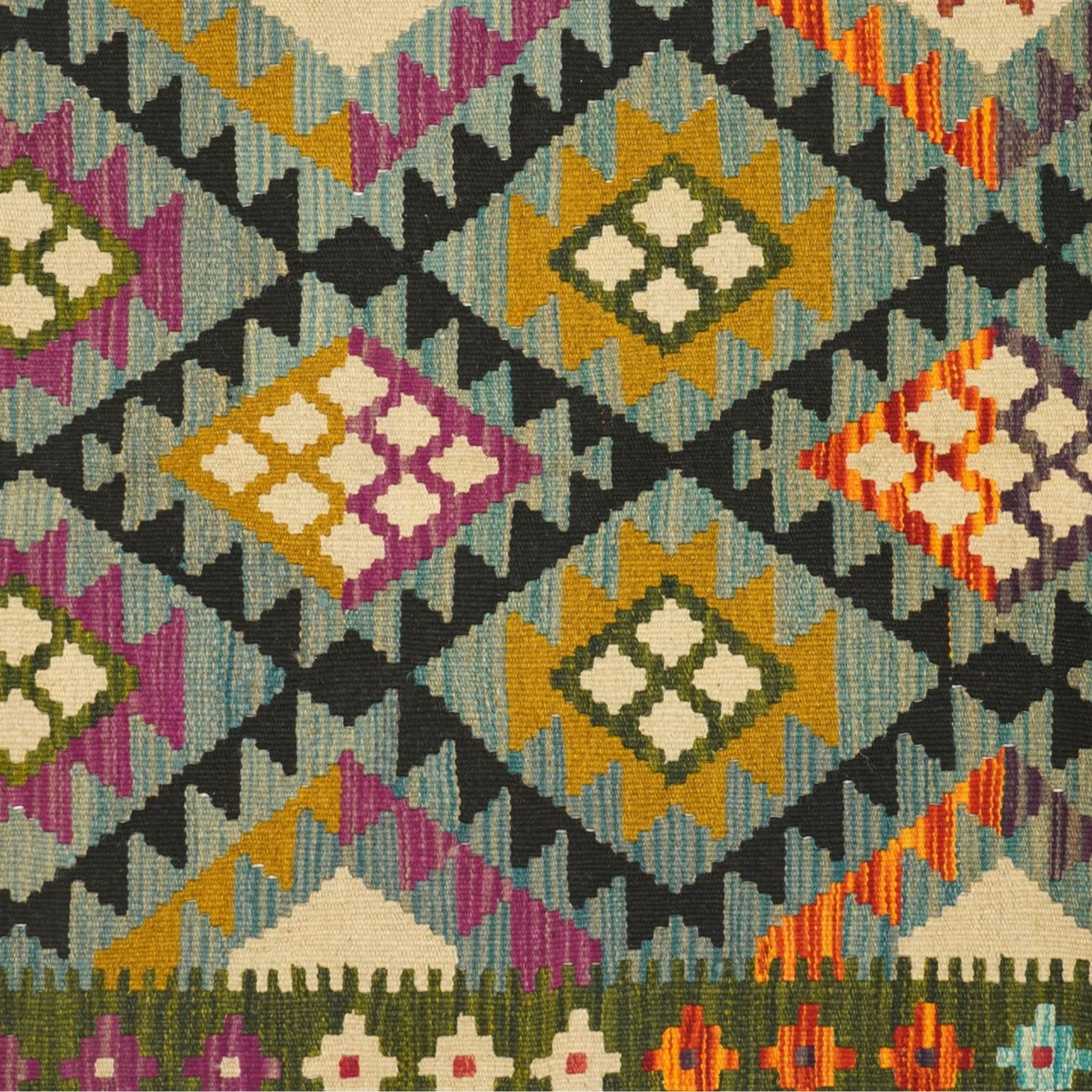 Afghan Maimana flatweave kilim, central field features large bold nested diamond motifs and stylized geometric lozenge patterns on olive purple, blue, and green tone ground, dark green border stripe, with fringe ends
