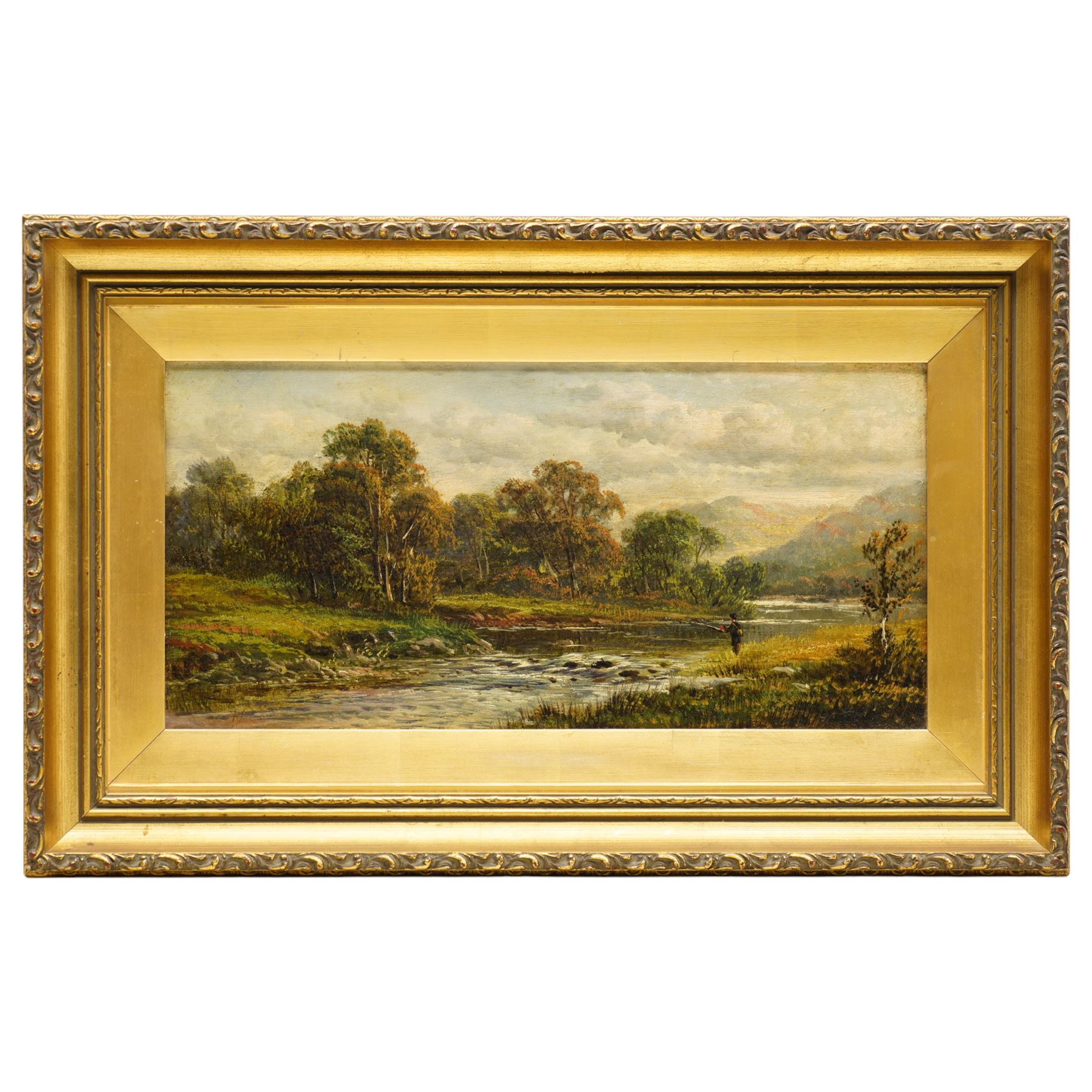 Alfred Vickers Snr (British 1786-1869): Angler Fishing in a Mountainous River Landscape, oil on canvas signed 19cm x 39cm