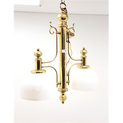  Edwardian style brass two branch light fitting with domed opaque glass shades, H93cm x W64cm  