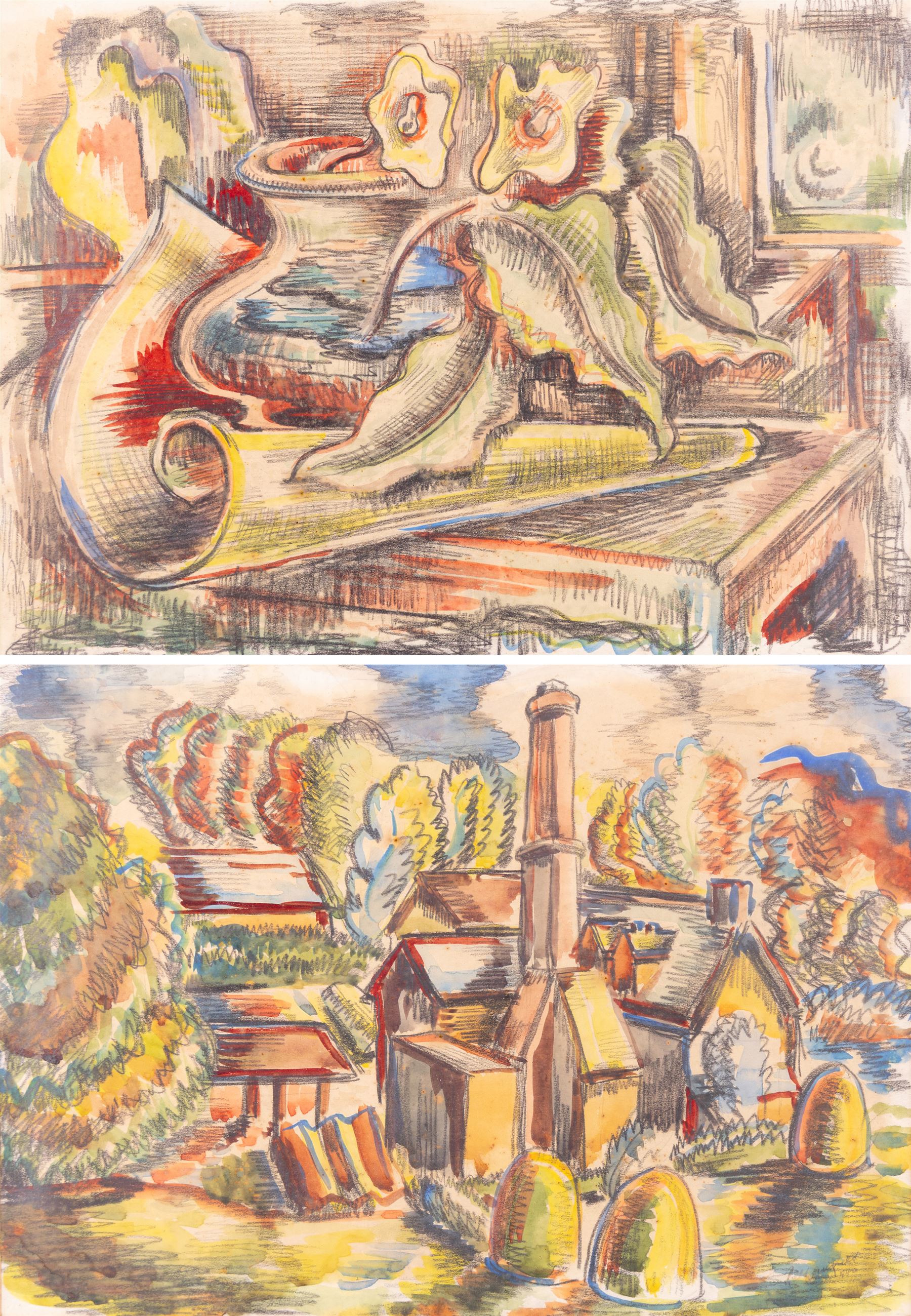 Rees Lewis Rees (British 20th Century): 'The Drawing Room Table' and 'The Saw Mill', two watercolours signed and indistinctly dated, 24cm x 33cm (2)