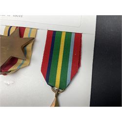 Representative display of WWII Campaign stars comprising 1939-1945 Star, Atlantic Star, Air-Crew Europe Star, Africa Star and Pacific Star; together with the corresponding group of miniatures; all with ribbons