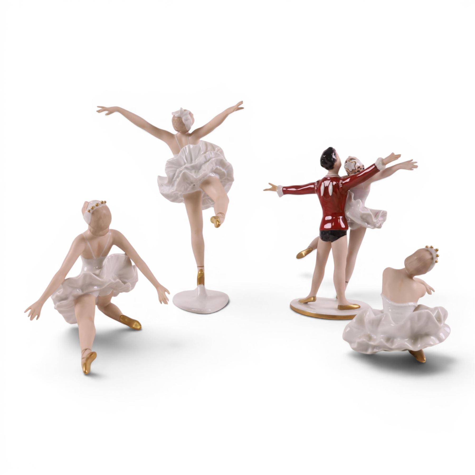 Four Wallendorf figures modelled as Ballerinas, including a ballerina couple, tallest H27cm  