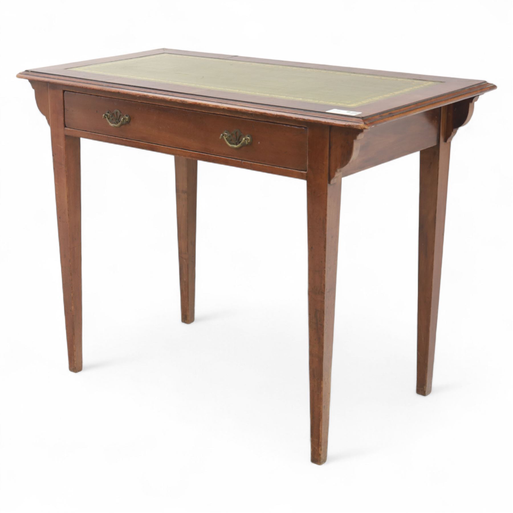 Edwardian writing table, rectangular inset with gilt-tooled leather, single frieze drawer, raised on square-section tapered legs 