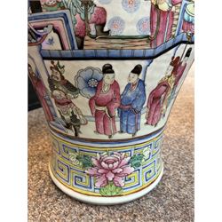 Large pair of 19th century Cantonese famille rose vases, each painted with various courtly scenes, including a display of warriors fighting on horseback before an official and his attendants, double Buddhist lion handles and applied at the shoulders with chilong, the lower band painted with Greek key motif, H58cm (2)