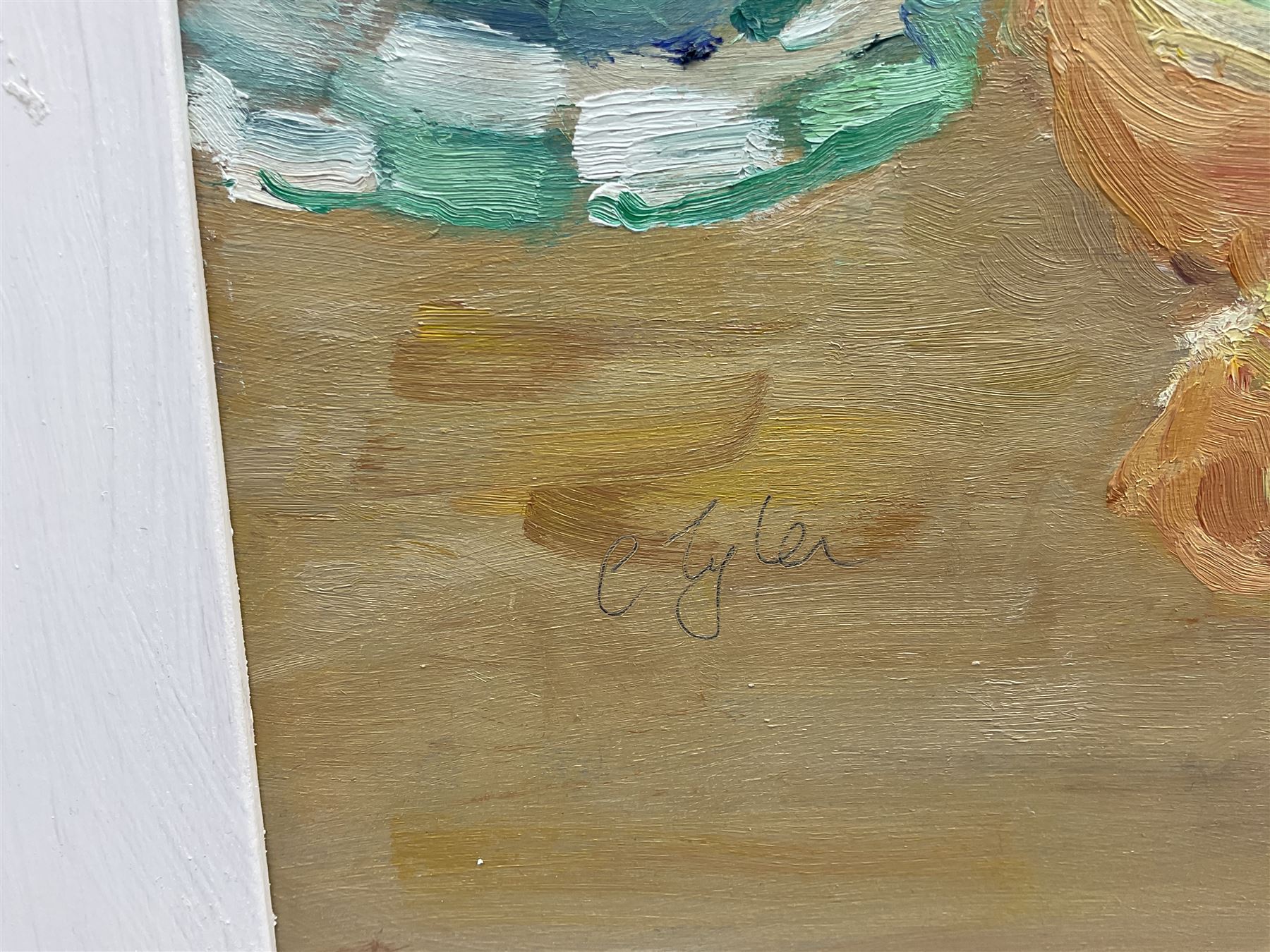 Catherine Tyler (British 1949-): 'Still Life - Ploughman's Lunch', oil on board signed, titled verso 47cm x 63cm