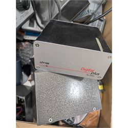 Collection of model railway control units, accessories and tools, including Lenz Digital Plus LZV100 with remote, H and M Electran Transistorised Power Unit, H and M Duette twin supply unit, motors, points, paints, Antex Soldering System, Flockit, etc, in three boxes