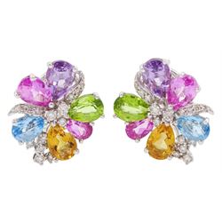 Pair of 18ct white gold multi gemstone set flower design earrings, round brilliant cut diamond, with pear cut pink sapphire, peridot, citrine, blue topaz and amethyst petals, total diamond weight 0.46 carat