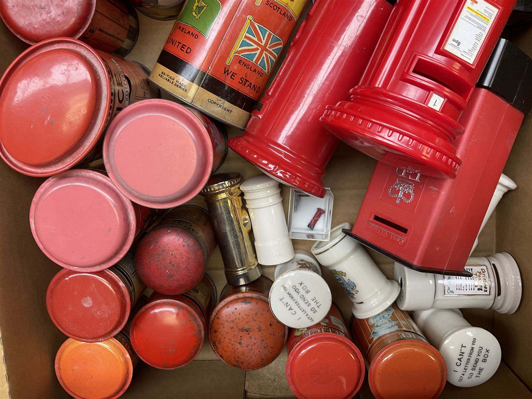 Collection of Post Box money boxes comprising ceramic, tin plate and plastic models, to include Crested Ware money boxes bearing motto ‘I Can’t Get a Letter From You So Send You The Box’ etc in three boxes