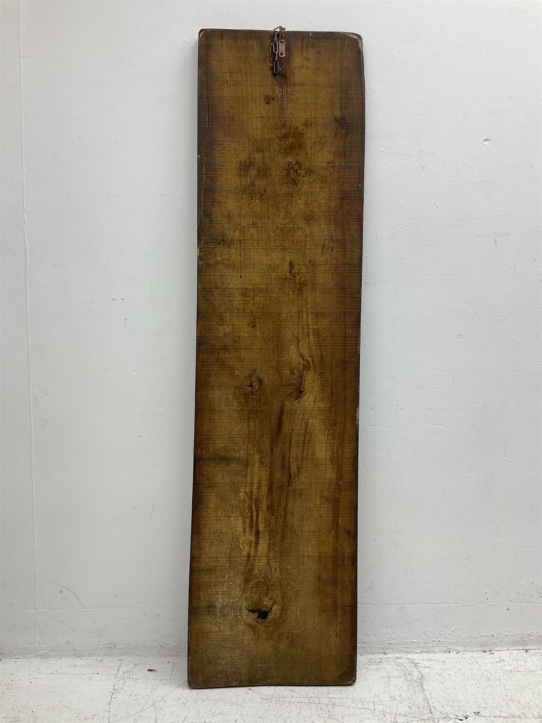 20th century hardwood Dutch folk art Speculaasplank or biscuit mould, typically carved with figure in traditional dress, H132cm