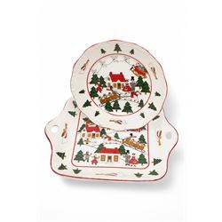 Masons Christmas Village tea wares, designed by Marsten-Mandrajji, comprising three-tiered an other cake stand, large bowl and jug, two twin-handled serving dishes, mug and two teacups, plates of various sizes etc
