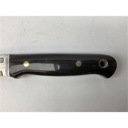 Three hunting knives, each blade marked A. Wright & Sons Sheffield, one with leather handle, one with horn handle and one with antler handle; each with leather sheath (3)