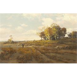 Paul R Koehler (American 1866-1909): Shepherd and Flock in a Moorland Landscape, pastel si...
