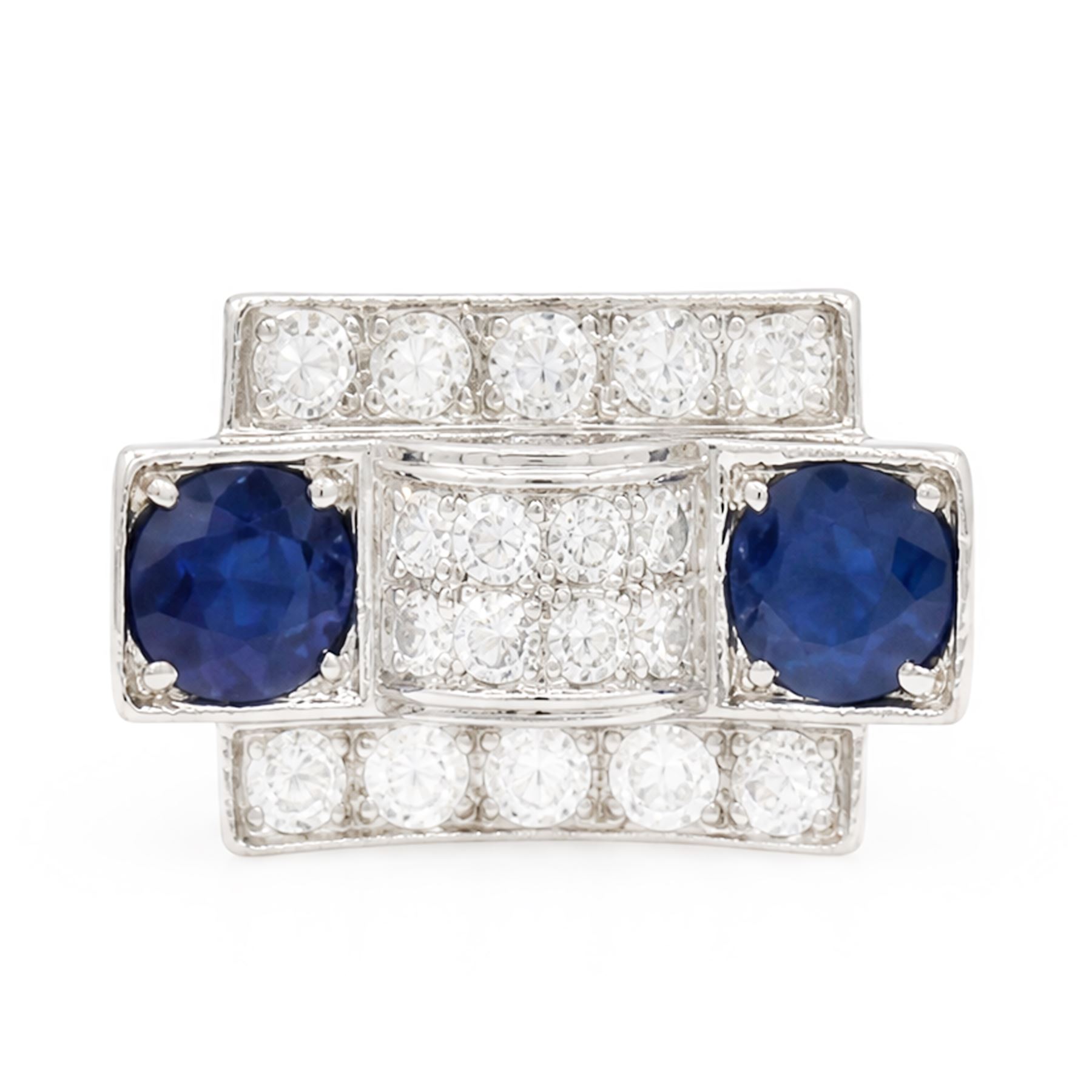 Platinum sapphire and diamond abstract design dress ring, pave set with eighteen old cut and round brilliant cut diamonds, with two mixed cut sapphires at each end, in a curved design setting, total sapphire weight approx 2.68 carat, total diamond weight approx 1.95 carat, with World Institute Report