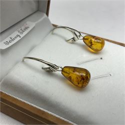Pair of silver and Baltic amber pendant earrings, stamped 925, boxed