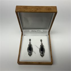 Pair of silver black onyx and marcasite pendant earrings, stamped 925, boxed 