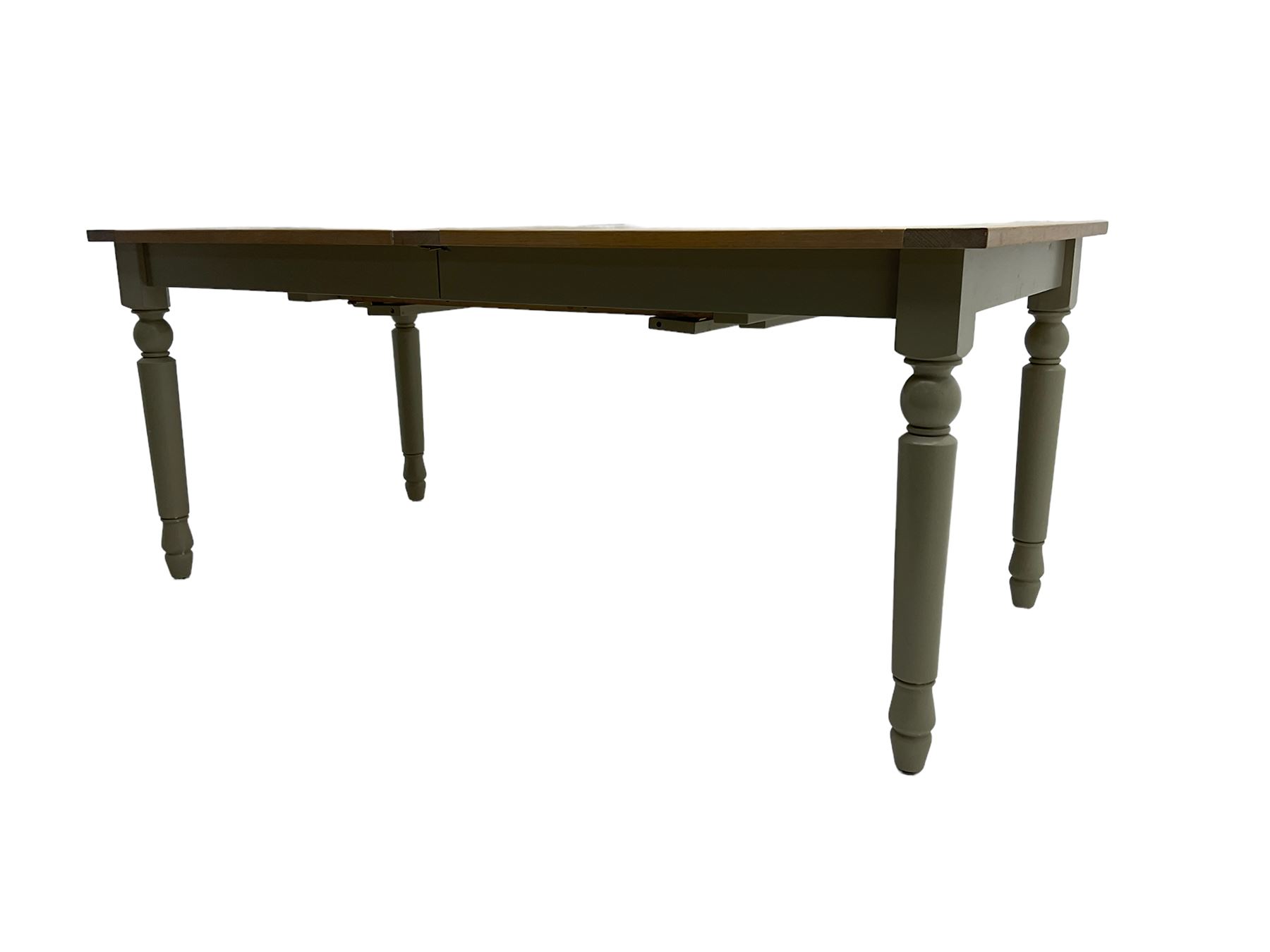Neptune - 'Suffolk' 8-12 seat extending dining table, rectangular oak with breadboarded ends, on light grey finish base with turned supports, three additional leaves