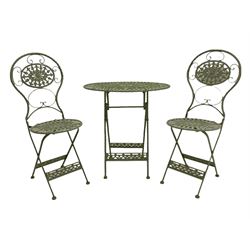 Oval pale green folding garden table and two folding chairs