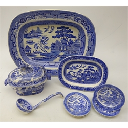  Collection of 19th century Willow pattern wares comprising six miniature plates, tureen & matched stand and Davenport meat plate   