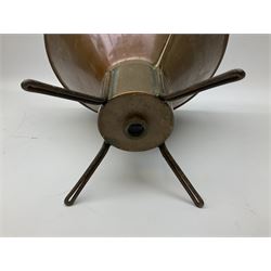 Agricultural copper corn funnel, H32.5cm, another similar copper funnel and copper warming platter of oval form, with twin handles on four supports, with removeable warming plate, L49cm