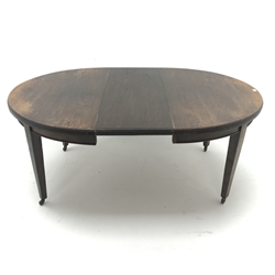  Early 20th century oak telescopic dining table, moulded top, single leaf, square tapering supports, W180cm, H74cm, D122cm  