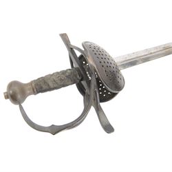 Pappenheimer rapier with L98cm double edged blade, looping narrow bar guard and wire bound grip together with Cup guard rapier, stamped Toledo in leather scabbard 