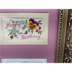 Thirty-five WW1 embroidered silk postcards including regimental crests, flags of the Allies, envelope type with greeting card inserts, Christmas and birthday cards etc; mounted and glazed in three graduated modern matching gilt frames (3)