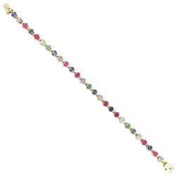 9ct gold sapphire, emerald and ruby bracelet, twenty-seven oval links set with alternative...