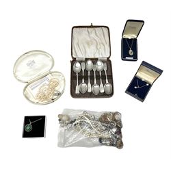 Silver and silver stone set jewellery, hallmarked or tested, a collection of costume jewellery and a cased set of six silver coffee spoons, London 1868