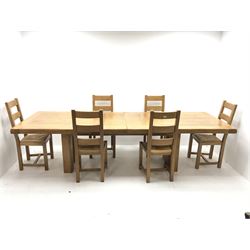 Oak extending dining table, rectangular supports, two additional leaves (H77cm, 100cm x 220cm - 300cm (fully extended)) and set six ladder back dining chairs, rush seats (W45cm)