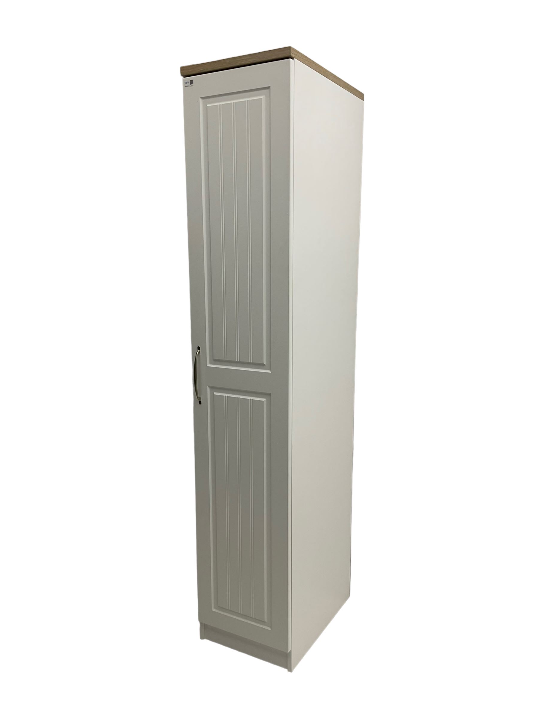 Oak and white finish tall narrow single wardrobe, fitted with shelves
