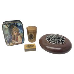 Two Mauchline ware boxes, comprising case modelled as a book depiciting The Ancient Entrance Gate, Stirling Castle, and lidded jar depicting Hythe Church, The Crypt, together with Russian lacquer box and other wood pot pourri bowl