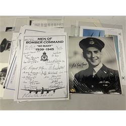 76 Squadron - small archive of photographs, signatures etc; signed copy of Conversations with a Rear gunner by Tony Winser; and collection of signatures of WW2 pilots and aircrew, some original but most facsimile/copies, including Lt. Col. W.A. Bishop VC, DSO, MC, DFC, Johnnie Johnson, Bomber Command etc