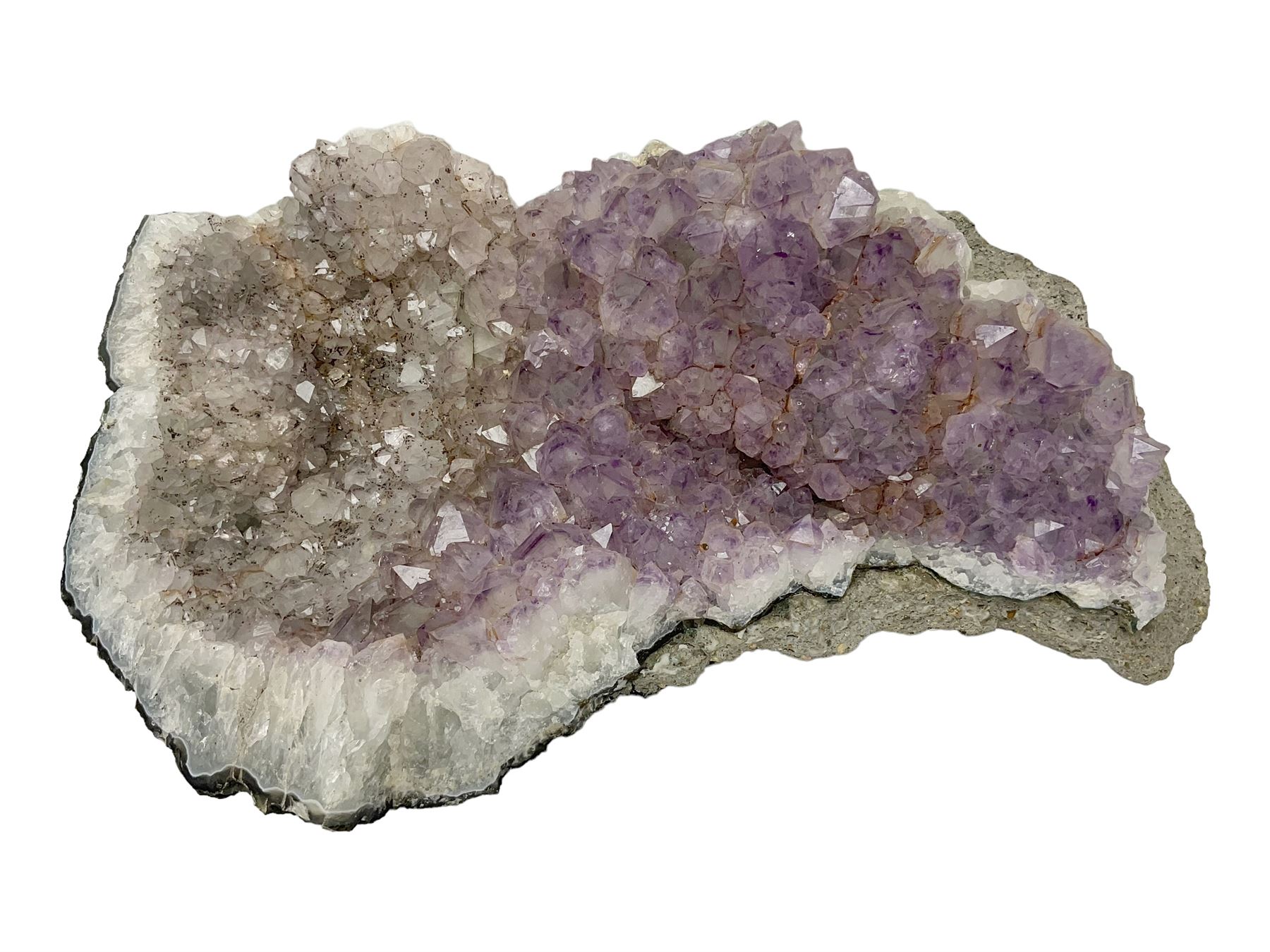 Amethyst crystal geode cluster, with well-defined crystals of various sizes, H13cm, L46cm