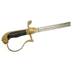 Dutch infantry officer sword with wire bound grip lion pommel and single bar hilt, single edged fullered blade marked 'Yzerhouwer', in black metal scabbard, blade L96cm, overall L110cm