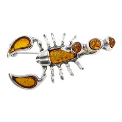 Silver amber scorpion brooch