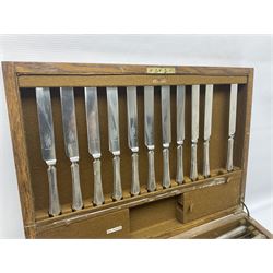 Mappin & Webb silver plated park canteen of cutlery, the oak case with hinged lid above a fitted drawer, and sunken brass handles, H19cm, L52cm