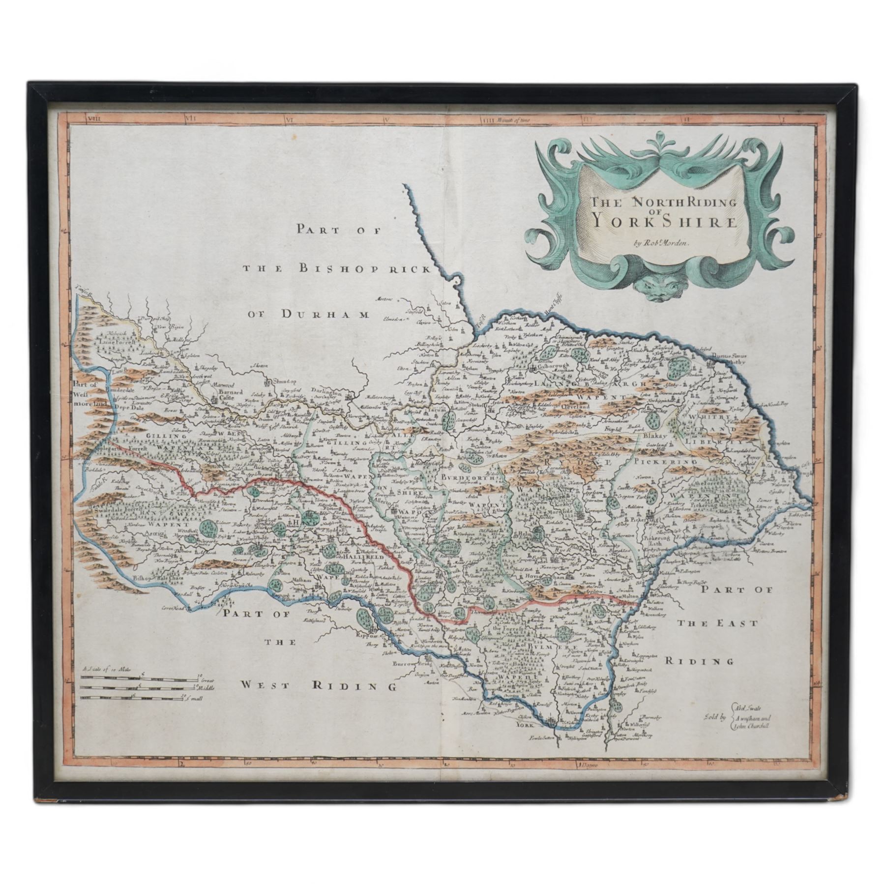 Robert Morden (British c.1650-1703): 'The North Riding of Yorkshire', 18th/19th century engraved map with hand-colouring 38cm x 43cm