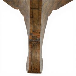 Late Victorian walnut and marquetry occasional table, the octagonal top with moulded edge centred with burr walnut panel within radiating starburst parquetry and line inlaid borders, raised upon a tapering column support with three shaped down swept legs terminating in scroll feet