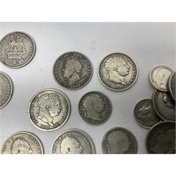 Approximately 190 grams of Great British pre 1920 silver coins, including King George IV 1826 shilling, other shillings, sixpence pieces etc