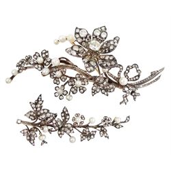 19th century gold and silver diamond and pearl en tremblant detachable brooch, the flower tremblant with a principal old cut diamond of approx 1.90 carat, the petals and stamen set with old cut and rose cut diamonds, total diamond weight approx 9.10 carat, to a foliate spray set set with further rose cut diamond and white / pink / cream pearls and ribbon tie