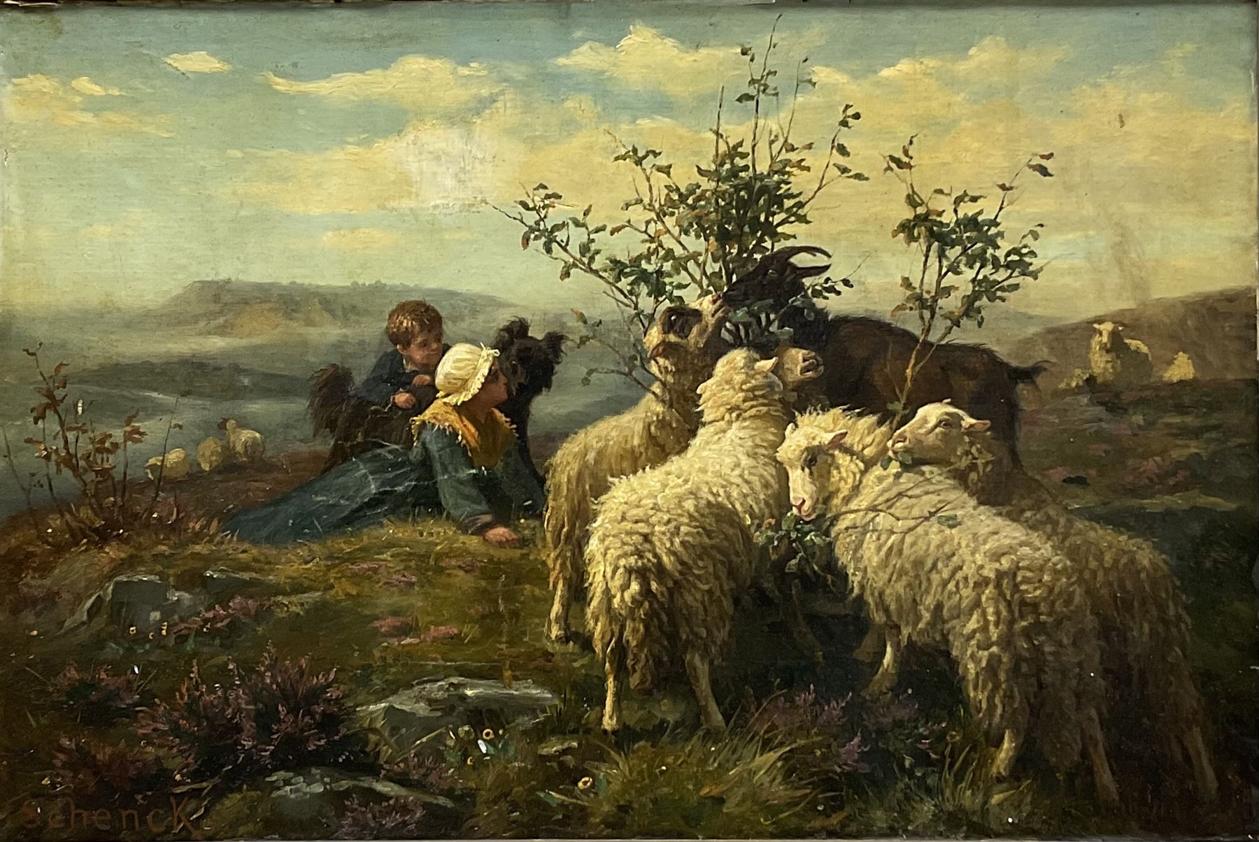 August Friderich Albercht Schenck (Danish 1828-1901): Sheep and Goats with the Shepherd's Children and their Dog, oil on canvas laid on board signed 39cm x 59cm