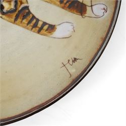 Joyce Morgan cat plate, signed to base, D21cm; George Selim for Goebel seated cat figure, H24cm, and a studio pottery figure of a Siamese, unsigned, H23cm (3)