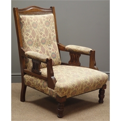  Edwardian oak armchair, shaped cresting rail, upholstered back and seat, turned supports  