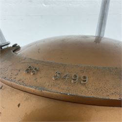 Timpani drum with coppered finish to the bowl, marked 'BS 3499' underneath, three adjustable tubular legs and Premier head D67cm
